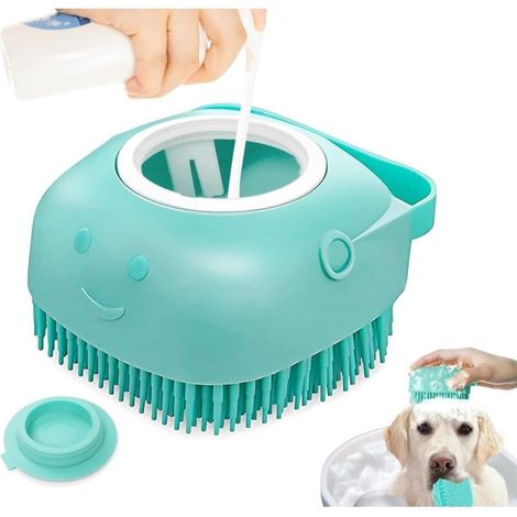 Weiche Silikon-Badebürste, geeignet für Hunde und Katzen - integrierte Aufbewahrungsbox für Shampoo-Spender - sanfte Massage und Fellpflege für kurzes und langes Fell (blau) (1/5)