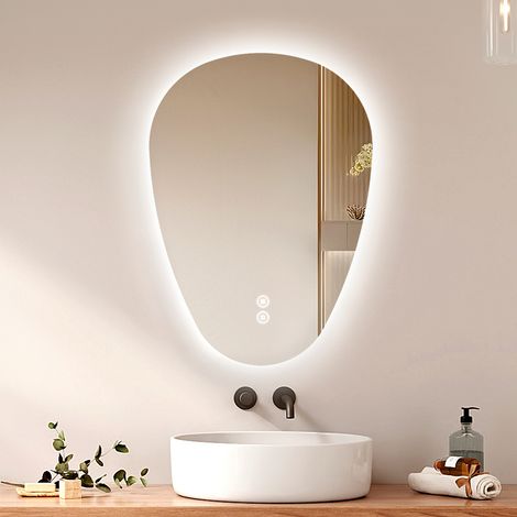 EMKE LED Badspiegel mit Anti-Beschlag 80 x 60 cm Asymmetrischer Wassertropfenspiegel mit 3 Dimmbare Lichtfarben (1/5)