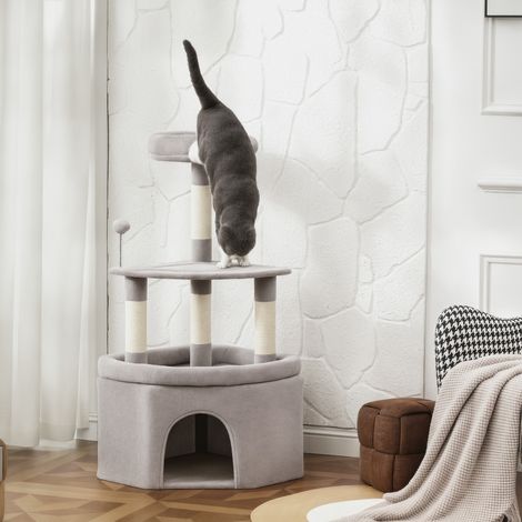 Albero gioco per gatti, torre per graffiare, pali in sisal, piattaforma, nascondiglio, tessuto felpato, palline, 49x49x114 cm, grigio chiaro