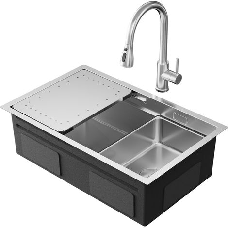Ensemble Évier Cuisine 1 Bac en acier inoxydable, 70 × 44 cm avec Egouttoir, Mitigeur de Cuisine avec Douchette Extractible 2 Modes de pulvérisat, Brossé (1/5)