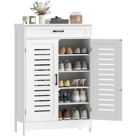 Meuble à Chaussures 20 Paires, Armoire à Chaussures avec 2 Portes persiennes, tiroir et étagères réglables, pour Couloir et entrée, 78 x 37 x 115,8 cm, Blanc (1/5)