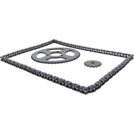 Kit chaîne et pignons avant et arrière T8F : pignon 54 dents (35 mm), pignon 15 dents (10 mm, trou en H), chaîne de 120 maillons pour moto. (1/5)