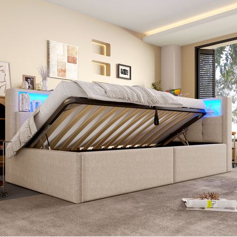 Lit de jour moderne en lin beige 90x200 cm avec tête de lit de rangement, LED multicolore, USB/Type-C et coffre hydraulique (1/5)