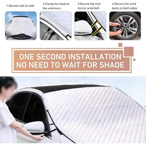 Housse de capot de voiture, revêtement imperméable multicouche épais pour pare-brise et capot, protection pliable toutes saisons avec sangle de fixation, maison de neige universelle pour demi-voiture (1/5)