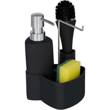 QORVA-Organiseur pour évier Empire , Distributeur liquide vaisselle 250ml rechargeable, porte éponge, goupillon, Céramique soft touch, 11x19x12,5 cm, Noir (1/4)