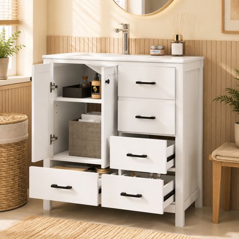 Meuble vasque de salle de bain autoportant 764682 cm, entièrement laqué, plusieurs tiroirs de rangement, étagères réglables, lavabo en céramique intégré, blanc. (1/4)