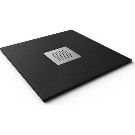 Mineralguss-Duschwanne extra flach SLATE Schieferoptik Schwarz 70x70 cm Ablaufschutz in Chrom