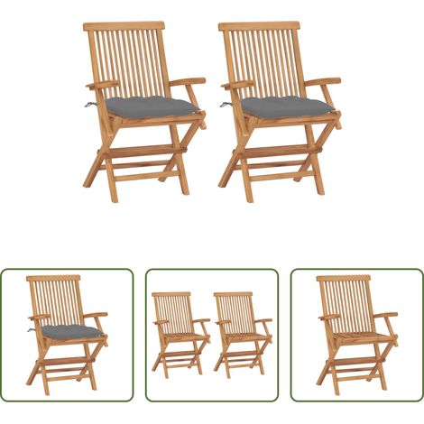Teakholz - Gartenstühle mit Grauen Kissen 2 Stk. Massivholz Teak (1/5)