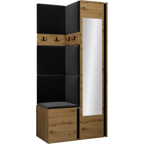 Mobilier1 – Meuble d'entrée Hartford 354 – Chêne artisan et noir – Dimensions 186x82x44cm – Miroir intégré et panneaux muraux souples (1/5)