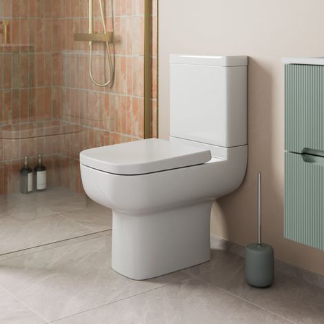 Rimless Close Coupled Short Projection Toilet WC Toilets Soft Close Seat Dual Flush Cistern Square Pan Modern Bathroom White (1/4)