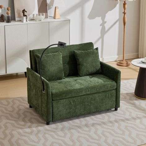 Divano letto multifunzionale 109x72x83.5 cm, con porta USB e supporto tablet, tessuto in lino spazzolato verde (1/5)