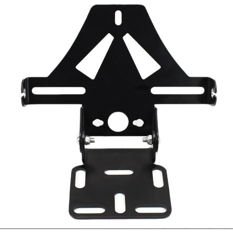 Portatarga/supporto pieghevole e regolabile, universale per montaggio posteriore su moto, con struttura in metallo nero. (1/5)