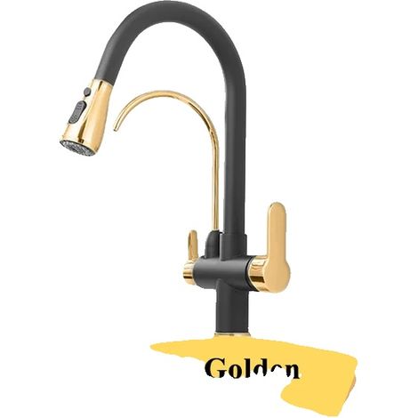 Grifo de cocina, doble manija, caño giratorio de 360 grados, negro dorado A (1/2)