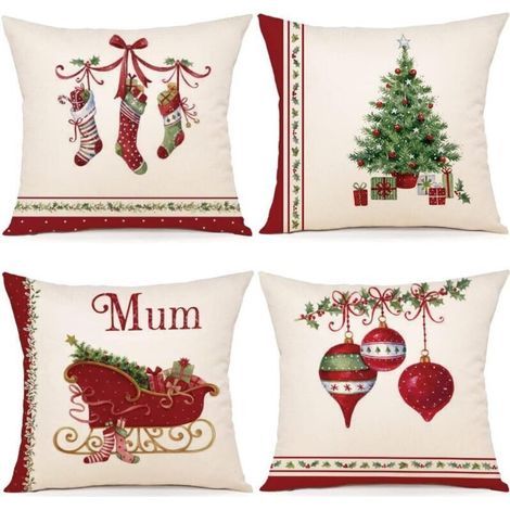 Housses de Coussin de Noël - Lot de 4 en Coton et Lin 40x40 cm pour bre et Salon