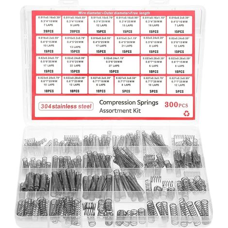 Lot de 300 - Ressort de compression - Acier inoxydable 304 - Résistance à la corrosion et élasticité durable - Pour modélisme réparation et atelier - Argent - Fil 0,4-1,0 mm x Diamètre 3-8 mm