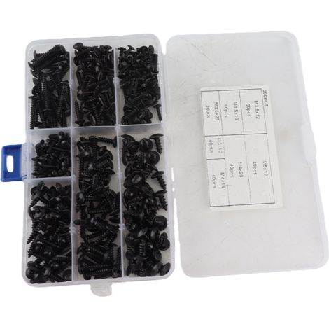 Lot de 300 vis à bois tête large à tête cruciforme en acier au carbone noir M3 M3.5 M4 M5 assortment pour bois fin et plastique (1/5)