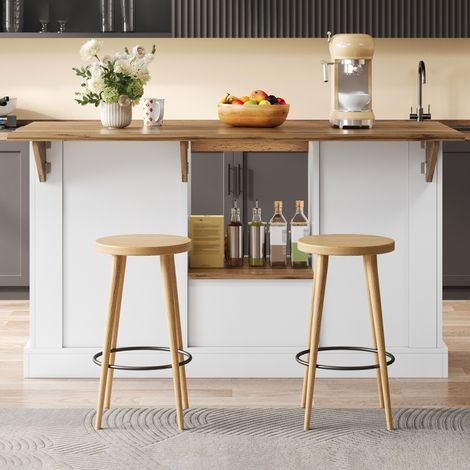 Îlot de cuisine extensible - 150x65x80 cm - tiroirs - plateau rabattable - mdf - meuble de rangement - blanc et bois naturel (1/4)