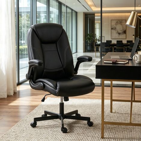 Fauteuil de travail ergonomique noir, siège de bureau à accoudoirs escamotables, hauteur ajustable, dossier inclinable, simili cuir, usage professionnel (1/5)