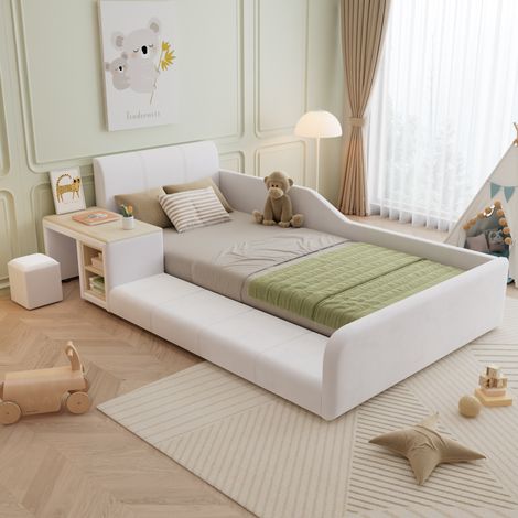 Letto bambino 90x200 cm con scrivania e sgabello, con mensola, in velluto, bianco, senza materasso (1/5)