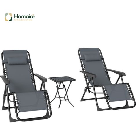HOMAIRE Set de 2 chaises longues repliables en position Zero Gravity avec appuie-têtes, table d'appoint et 2 supports pour boissons