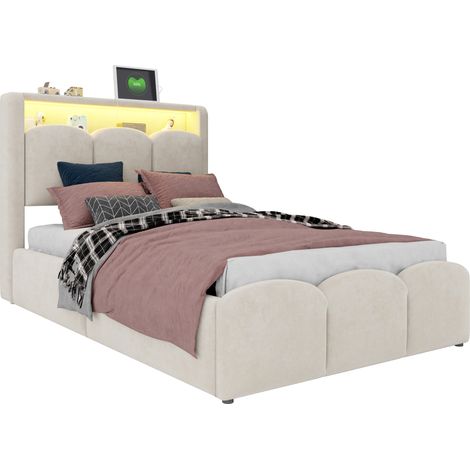 Letto imbottito 90x200 cm in velluto beige con contenitore, USB e Type-C, LED, design a petali (1/5)