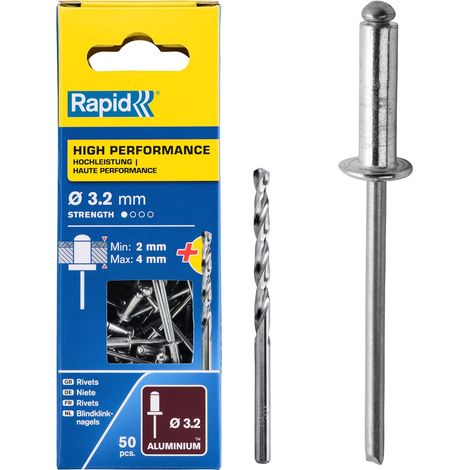 RAPID - Rivets Hautes Performances - Ø3.2 x 8mm Aluminium - Boîte 50, fixation solide entre les matériaux, lien durable, Inclu 1 Forêt de perçage - (5000383)