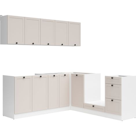Cuisine d'angle complète 200x200 cm, Meubles de cuisine modulables coloris blanc/uni cachemire, plan de travail non inclus (1/3)