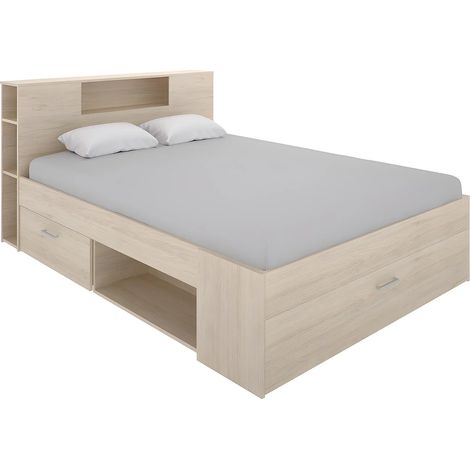 Vente-Unique – Lit avec tiroirs 160 x 200 cm – Tête de lit avec rangements – 2 tiroirs, 9 niches, 1 coffre – Panneau mélaminé naturel clair (1/5)