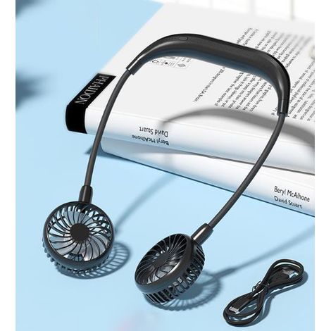 Ventilateur de cou - Ventilateur personnel mains libres alimenté par batterie 4800 mAh pour les bouffées de chaleur, la maison, le bureau, les voyages, les sports de plein air - Noir (1/3)