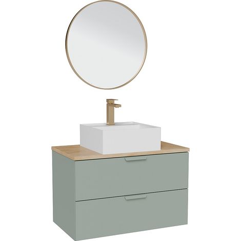 Mobile bagno sospeso con lavabo da appoggio quadrato, rubinetto e specchio Verde salvia L80 cm – AVORELI
