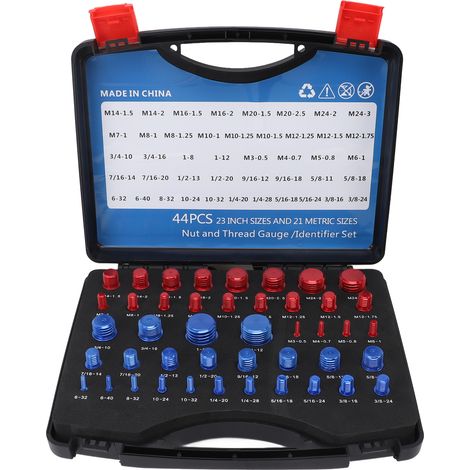 Vérificateur de filetage d'écrou et de boulon en aluminium, jauges métriques d'identification précise en pouces avec boîte de rangement pour mesurer le rouge et le bleu 44 pièces. (1/5)