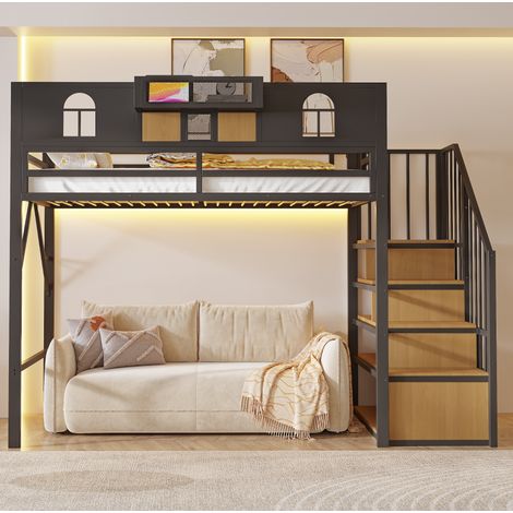 Lit mezzanine enfant en métal 90x200 cm avec échelle de rangement, LED, étagère et gain de place, noir (1/5)