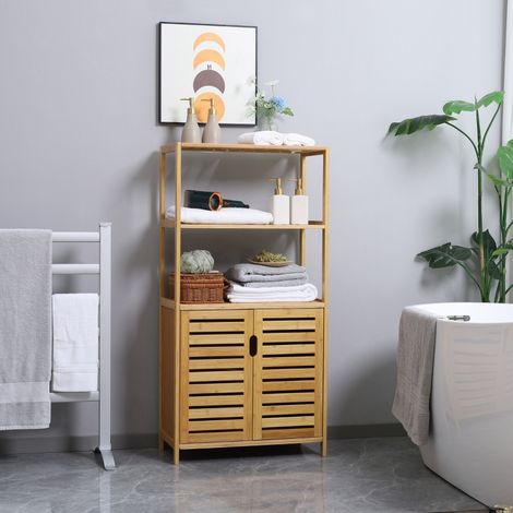 Mueble de baño de bambú color madera natural 60 cm con puertas de lamas y estantes