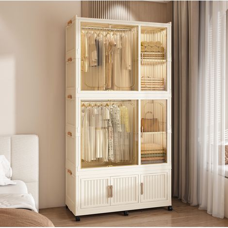 Armario plegable con barra 92x45x196 cm de polipropileno blanco crema con ruedas - CHICFURN (1/5)