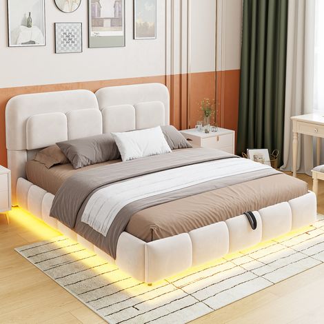 Lit coffre 140x200 cm en velours beige, avec rangement et LED pour chambre FloraGrace (1/5)