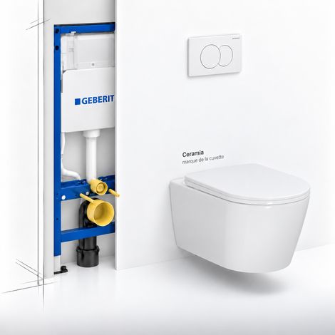 Geberit – Pack WC suspendu sans bride – Abattant SoftClose Ceramia – GEBCE14WT05FR – Cuvette Rimless 53,5 cm – Plaque blanche – Double chasse 3/4,8 L