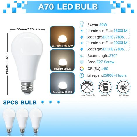 (3 ampoules, lumière naturelle 4000K) Ampoules LED A70, sans scintillement, indice de rendu des couleurs CRI 80+, convient aux chambres, couloirs, etc. (1/5)