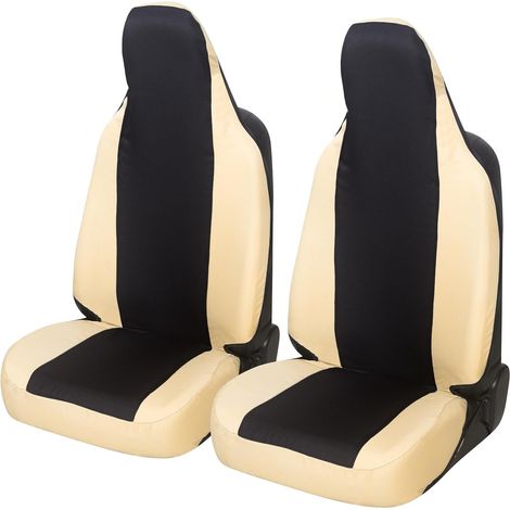 Lupex shop - Coppia coprisedili anteriori universali per Aygo, Made In Italy, tessuto policotone, poggiatesta integrato, Senza logo, Nero\Beige (1/4)