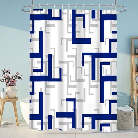 Rideau de douche bleu, rideau de salle de bain bleu avec crochets, motif géométrique moderne blanc et gris, imperméable, lavable en machine, 183x183 cm (1/5)