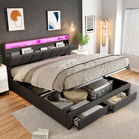 Lit coffre 180x200 avec rangement et 2 tiroirs, cadre de lit avec led et sommier à lattes, lit double pour adultes et ados, gris lin (1/5)
