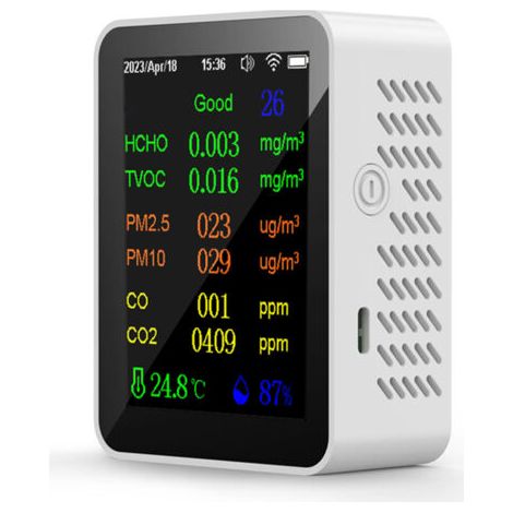 Compteur portable de qualité de l’air 9 en 1, PM2.5, PM10, CO, CO2, TVOC, HCHO, AQI, température et humidité, écran couleur, détecteur de dioxyde de carbone avec affichage date et heure,de dyk.Trywise (1/4)