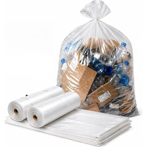 Sac Poubelle Transparent 50L X 50 - Sac Poubelle 50 Litres - Résistant (14 µ) et Etanche - Poubelles Bureaux - Salle de Bains - Cuisine - Fermeture Lien à Nouer - Recyclable (1/5)