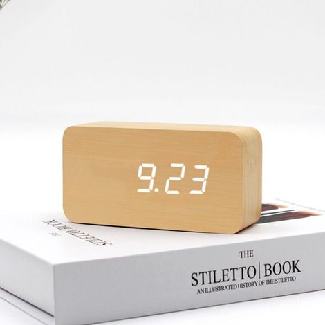 Numérique Réveil Bois Réglable Luminosité Contrôle Vocal LED Horloge Rectangle Affichage Temps Température Décor À La Maison (1/5)
