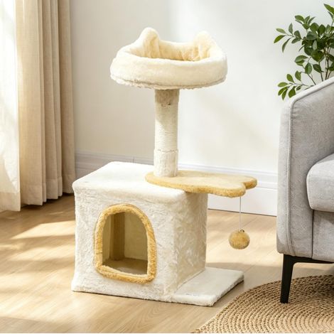 Tiragraffi 40x30x72 cm in pannelli di legno beige e giallo con cuccia FloraGrace (1/5)