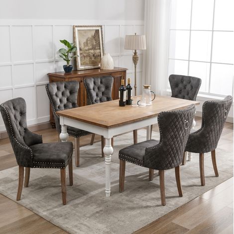 Chaise de salle a manger en velours gris avec pieds en bois massif, 53 x 46,5 x 95 cm (1/5)