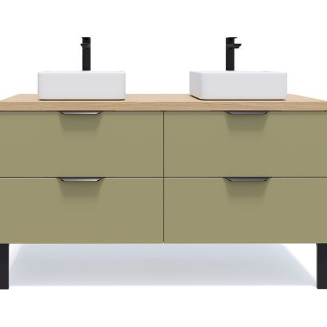 Meuble de salle de bain suspendu 2 vasques à poser 140cm 4 tiroirs Vert olive - Soho (1/5)