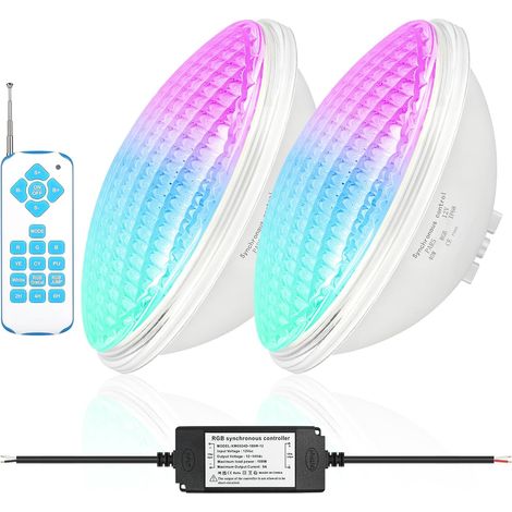 Lot de 2 éclairages LED RVB pour piscine - 40 W PAR56 - Éclairage sous-marin - Synchronisation externe avec télécommande - 12 V CA/CC - Étanche IP68