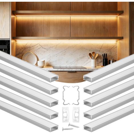Profilé Aluminium LED en U 2 m Lot de 10 Canal LED pour Éclairage sous Meuble Ruban Lumineux Cuisine, avec Diffuseur en PC Blanc Laiteux, Embouts et Clips de Fixation, Aluminium Anodisé Argent (1/5)