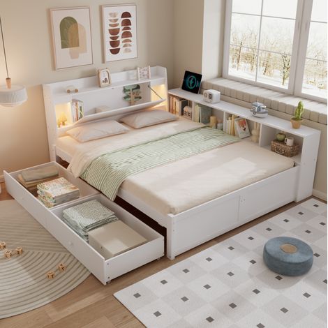 Letto matrimoniale 140x200 cm bianco in legno con testiera contenitore e 2 luci (1/5)
