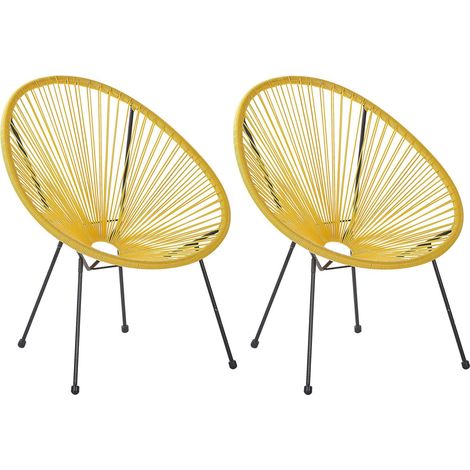 Set di 2 Sedie Moderne Rotonde in Rattan Spaghetti Giallo Acapulco II